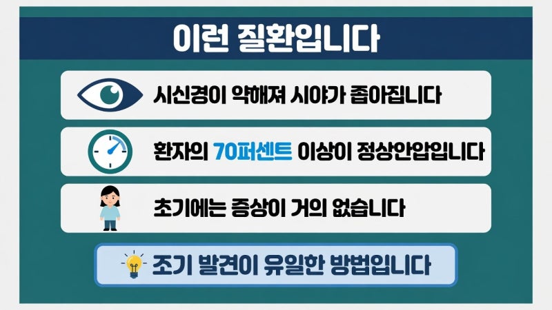 녹내장 (안압이 정상이어도 생깁니다 | 환자의 70퍼센트 이상 | 주변부터 좁아집니다)
