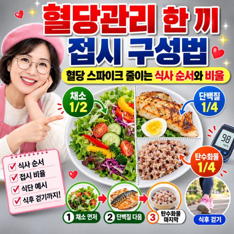 혈당관리 한 끼 접시 구성법｜혈당 스파이크 줄이는 식사 순서와 비율