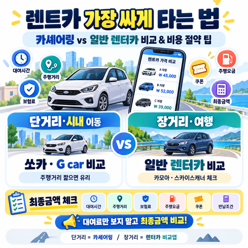 [차량 대여 꿀팁] 렌트카 가장 싸게 타는 법! 카셰어링 vs 일반 렌트카 비교부터 비용 절약 팁 ....