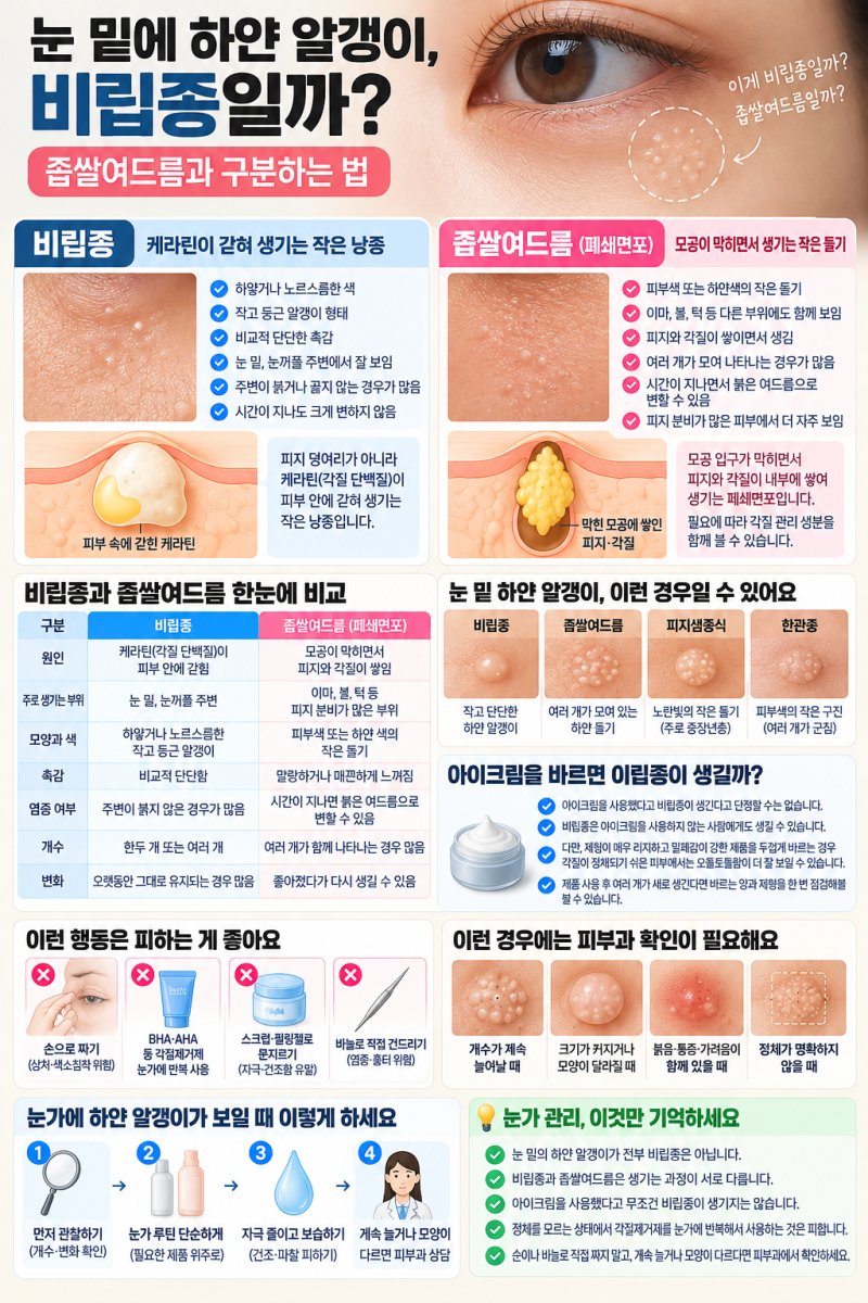 눈 밑에 하얀 알갱이, 비립종일까?｜좁쌀여드름과 구분하는 법