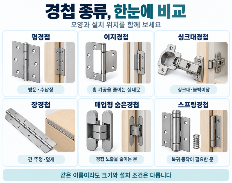 경첩 종류 총정리｜평경첩·이지경첩·싱크대경첩 용도 차이