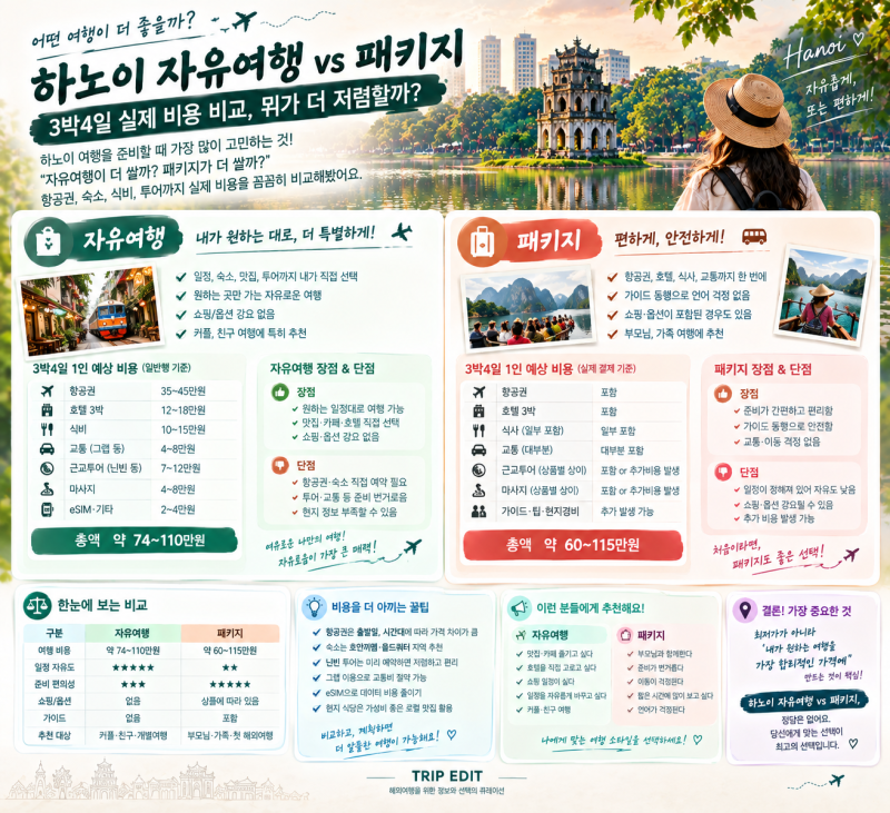 하노이 자유여행 vs 패키지｜3박4일 실제 비용 비교, 뭐가 더 저렴할까?