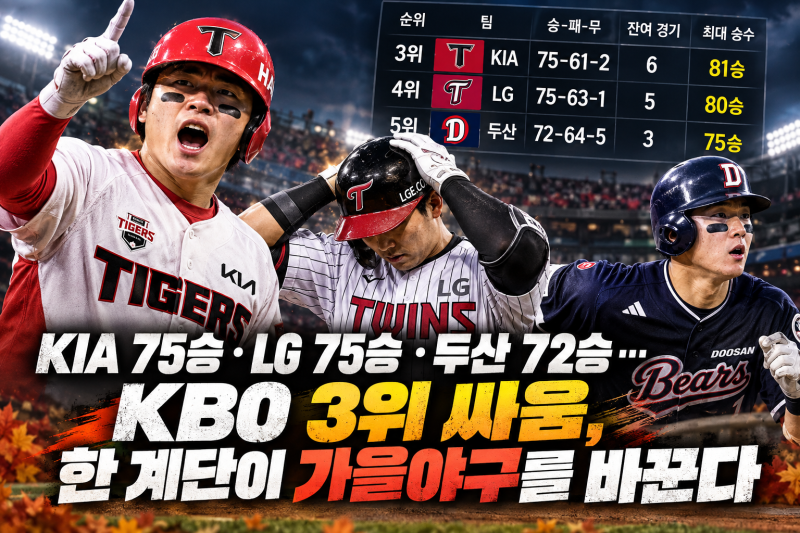 KIA 75승·LG 75승·두산 72승…KBO 3위 싸움, 한 계단이 가을야구를 바꾼다