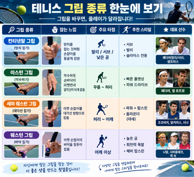 "라켓 잡는 법만 바꿔도 테니스 실력이 떡상한다?!" 4대 테니스 그립 장단점 & 대표 선수 총정....