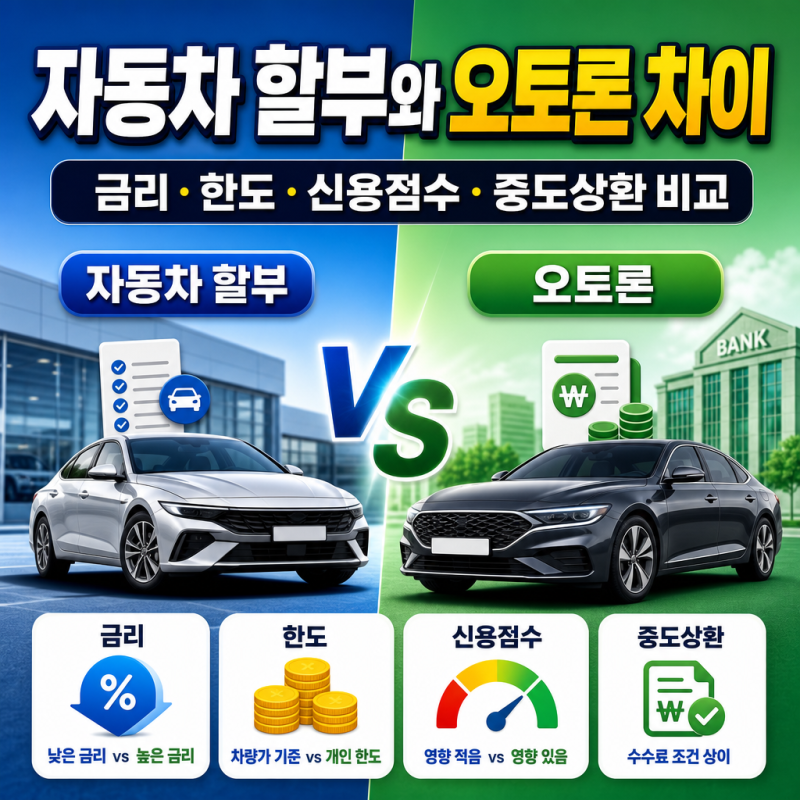 자동차 할부와 오토론 차이｜금리·한도·신용점수·중도상환 비교