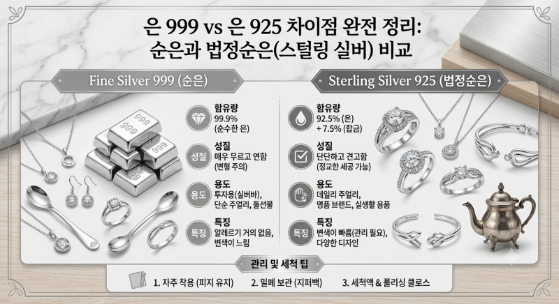 은 999 vs 은 925 차이: 순은과 법정순은(스털링 실버) 관리법부터 가치까지