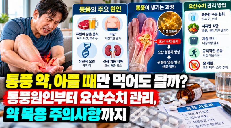 통풍 약, 아플 때만 먹어도 될까? 통풍원인부터 요산수치 관리, 약 복용 주의점까지