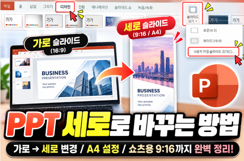 PPT 화면 세로로 바꾸는 방법, 파워포인트 슬라이드 가로→세로 설정