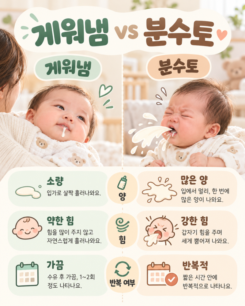 신생아 분수토 원인과 대처법, 게워냄과 다른 점부터 병원 가야 하는 기준