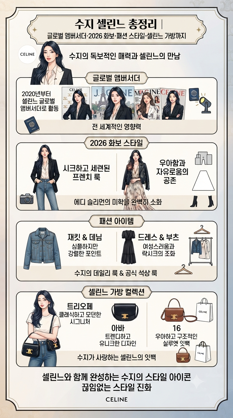 수지 셀린느 총정리｜글로벌 앰버서더·2026 화보·패션 스타일·셀린느 가방까지