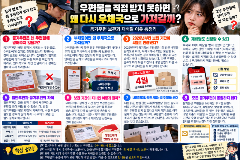 우편물을 직접 받지 못하면 왜 다시 우체국으로 가져갈까? 등기우편 보관과 재배달 이유