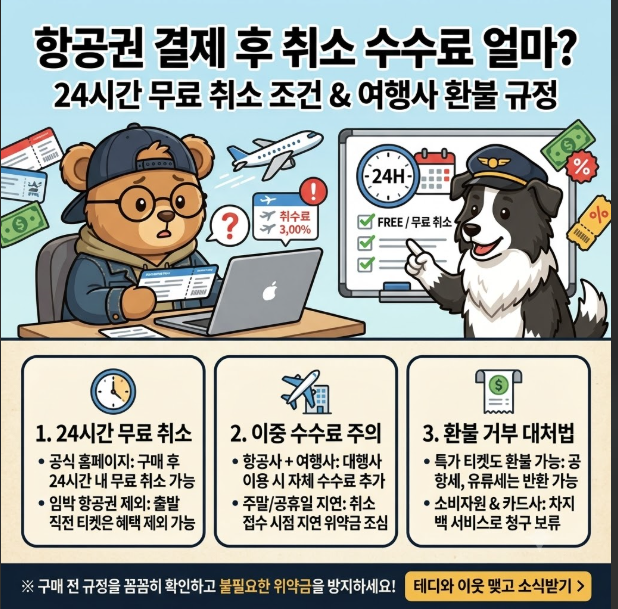 항공권 결제 후 취소 수수료 얼마? 24시간 무료 취소 조건과 여행사 환불 규정