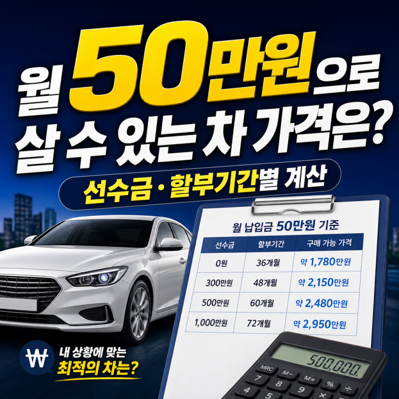 자동차 할부 월 50만원으로 살 수 있는 차 가격은? 선수금·할부기간별 계산