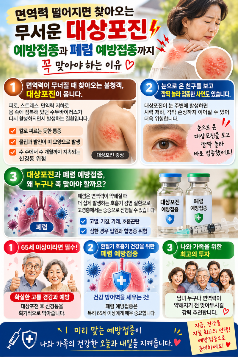 면역력 떨어지면 찾아오는 무서운 대상포진! 꼭 맞아야 하는 이유와 실전 접종 후기 (폐렴 예....
