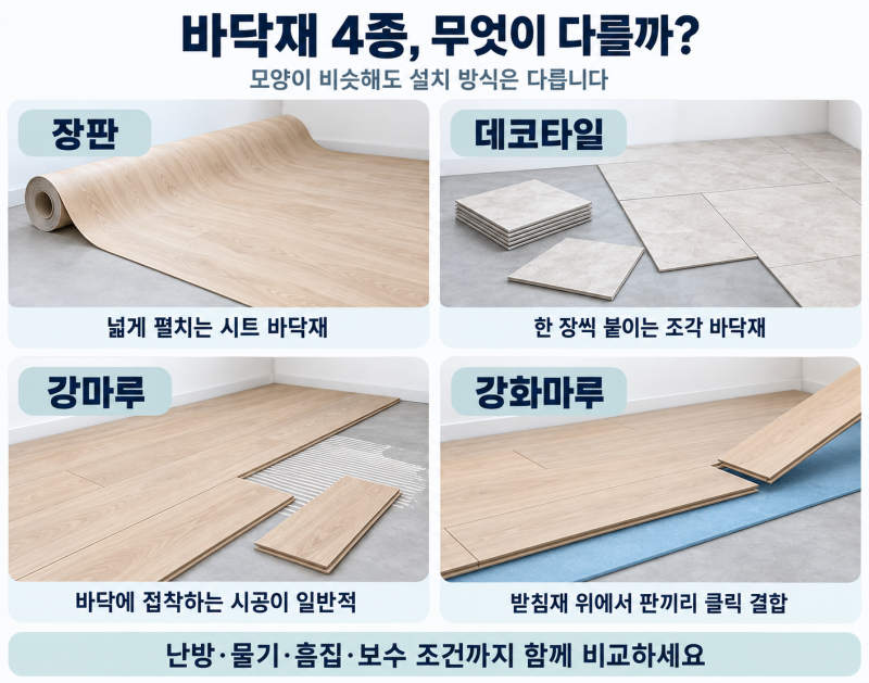 바닥재 종류 총정리｜장판·데코타일·강마루·강화마루 차이