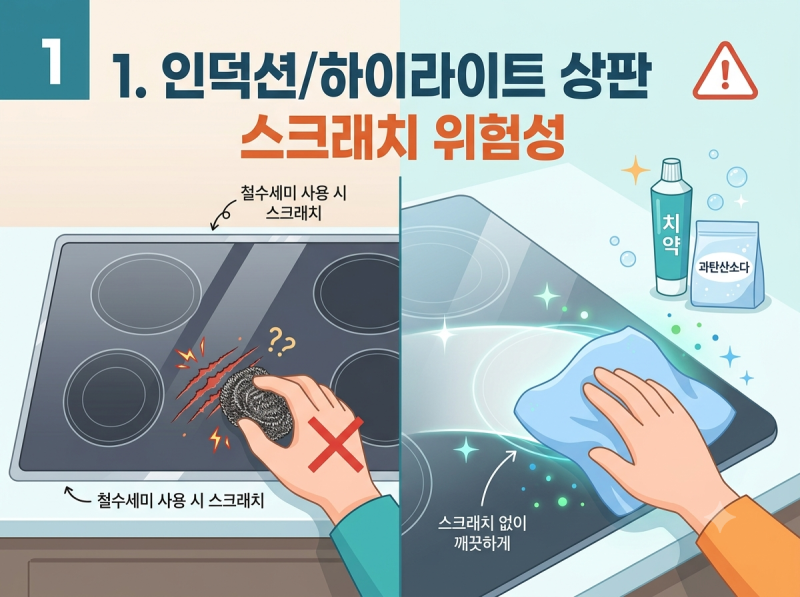 [살림 꿀팁] 인덕션 탄 자국 지우기! 철수세미 없이 치약·과탄산소다로 스크래치 없이 청소....