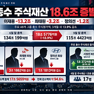 이재용 주식재산 13조 줄었다, 최태원·정의선까지 17.6조 감소…3분기 총수 주식재산 분석