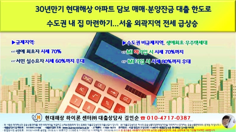 30년 만기 현대해상 아파트 담보 매매·분양잔금 대출 한도로 수도권 내 집 마련하기... 서울 ....