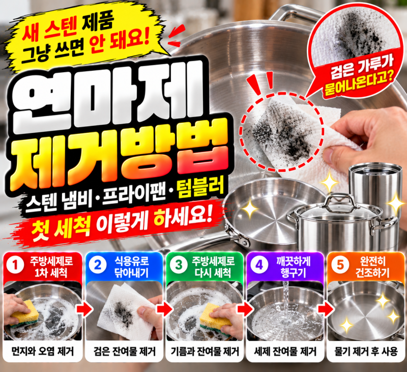 연마제 제거방법 스텐 냄비·프라이팬·텀블러 첫 세척! 식용유 베이킹소다 식초 순서 총정리