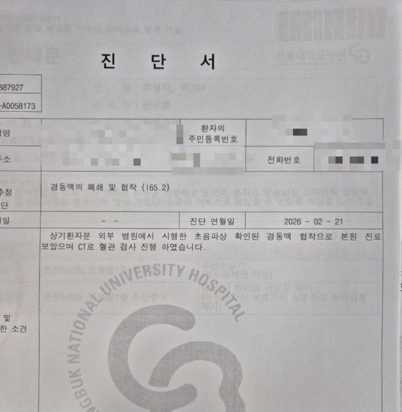 [전국/청주건강보험] 건강검진 경동맥 초음파에서 발견된 플라크(죽상판)? 질병코드 I65와 뇌....