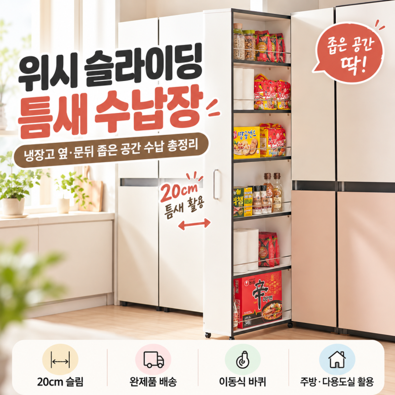 위시 슬라이딩 틈새 수납장 총정리ㅣ냉장고 옆 문뒤 좁은 주방 냉장고 틈새 수납 가능