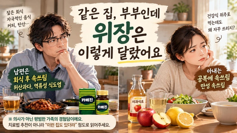 같은 속쓰림, 다른 처방전: 남편은 카베진, 아내는 식초+레몬물 (우리 집 경험담)