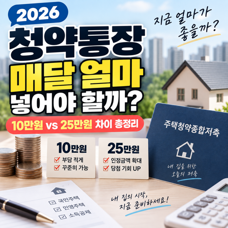 2026 청약통장 매달 얼마 넣어야 할까? 10만원 vs 25만원 차이 총정리