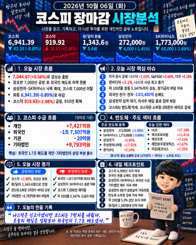 26.10.06 시장분석 - 코스피 7,000선 이탈, 외국인 1.7조 매도, 삼성전자와 SK하이닉스의 약세 그러....