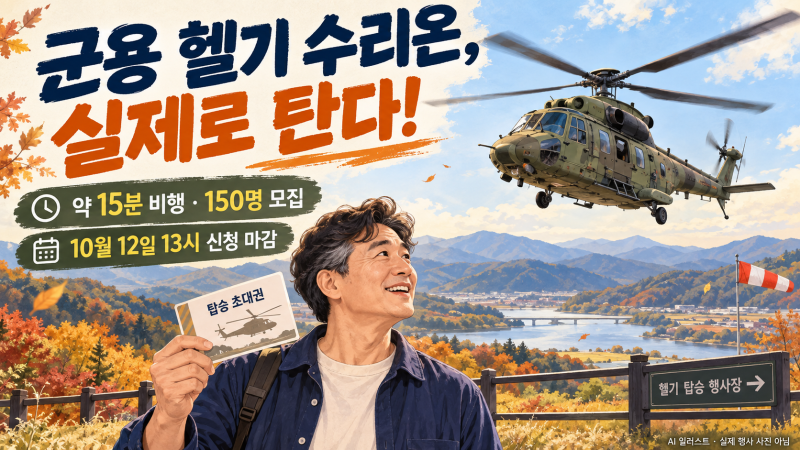 군용 헬기 수리온, 약 15분 실제로 탄다｜150명 모집·10월 12일 신청 마감