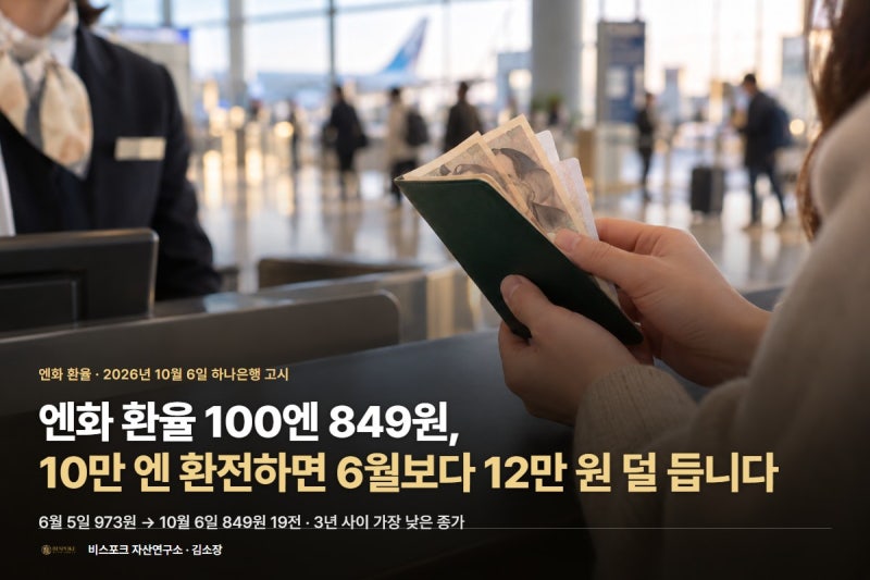 엔화 환율 100엔 849원, 10만 엔 환전하면 6월보다 12만 원 덜 듭니다