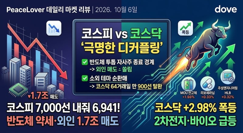 코스피 반도체 약세·외인 1.7조 매도에 7,000선 내줘 6,941! 2차전지·바이오 급등 코스닥은 +2.98%....