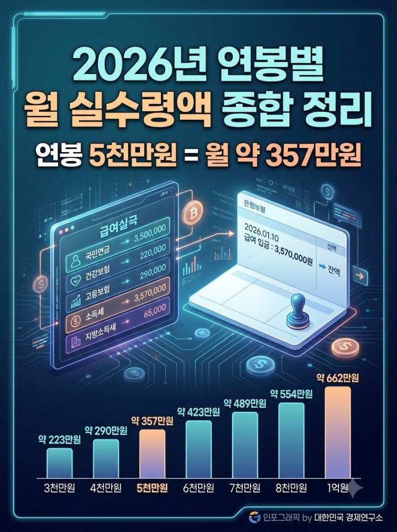 연봉 5천만 원 월 실수령액 357만 원, 3천~1억 세후 월급표 2026