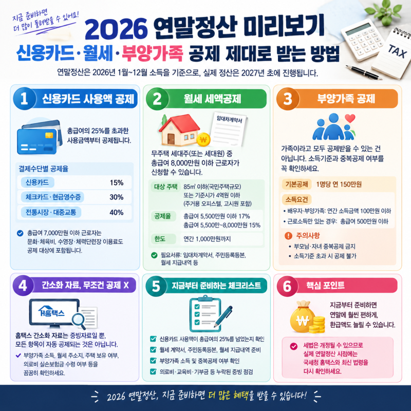 2026 연말정산 미리보기｜신용카드·월세·부양가족 공제 제대로 받는 방법