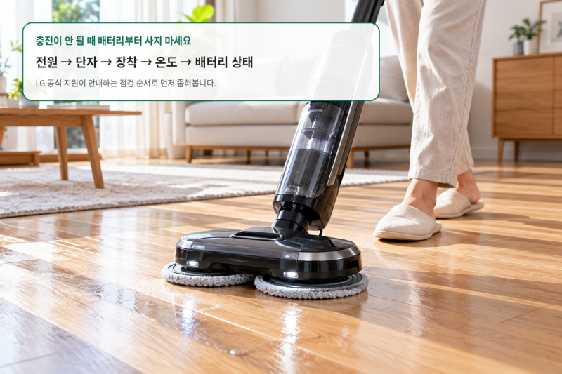 LG 코드제로 A9 충전이 안 될 때, 배터리 교체 전에 무엇부터 확인할까?