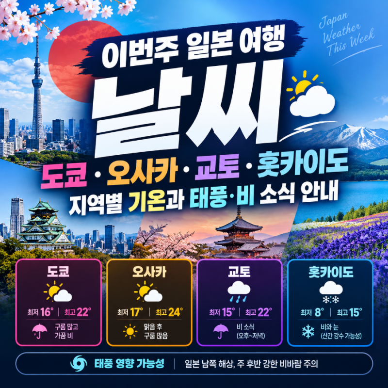이번주 일본 여행 날씨 : 도쿄·오사카·교토·홋카이도 지역별 기온과 태풍·비 소식 안내