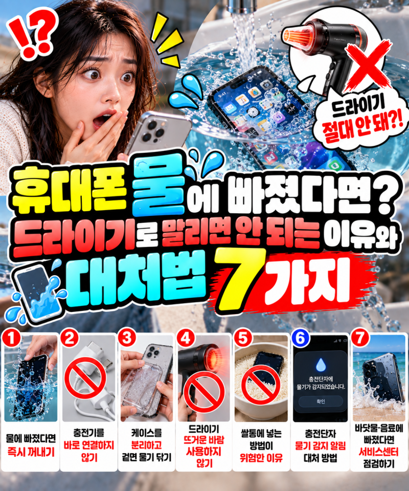 휴대폰 물에 빠졌다면? 드라이기로 말리면 안 되는 이유와 대처법 7가지