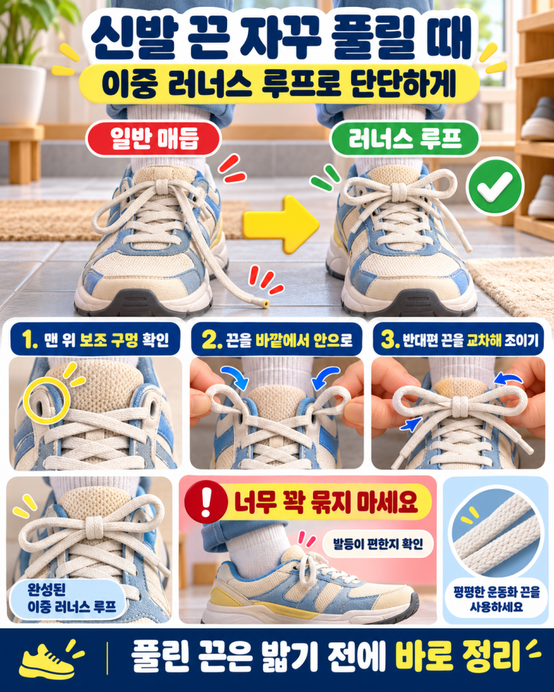 신발 끈 걷다가 자꾸 풀릴 때 매듭 안 풀리는 이중 러너스 루프 결속법
