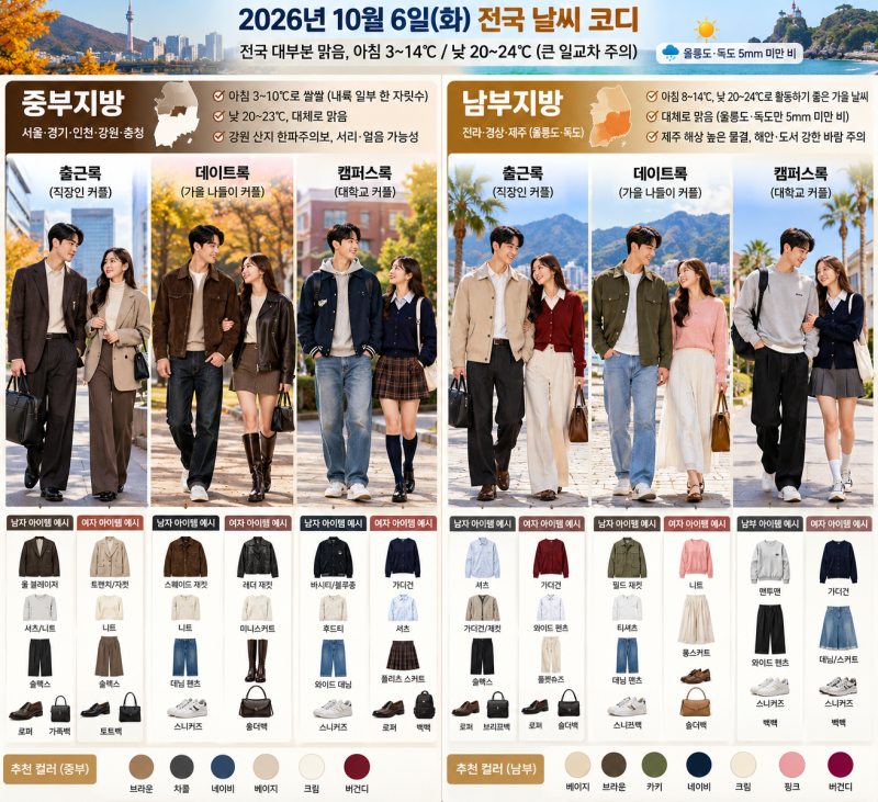 ☀️ 2026년 10월 6일(화) 전국 날씨 브리핑 & 출근길 일교차 맞춤 가을 코디 완벽 가이드