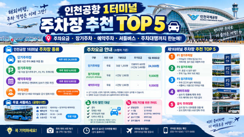 2026년 인천공항 1터미널 주차장 추천 TOP 5! 장기주차·예약주차·주차요금 가장 편한 곳 총정....