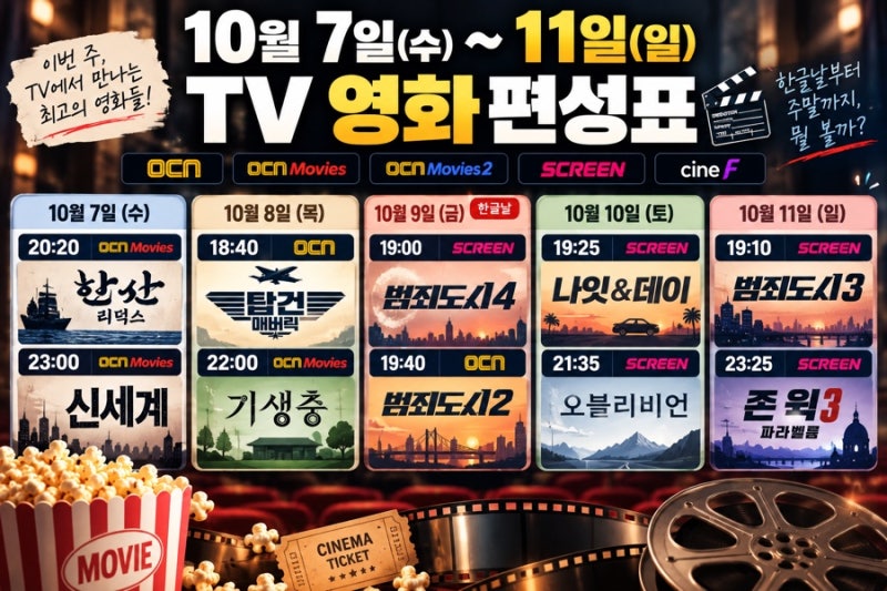 10월 7일~11일 TV 영화 편성표｜이번 주 OCN·SCREEN·씨네프 추천 영화