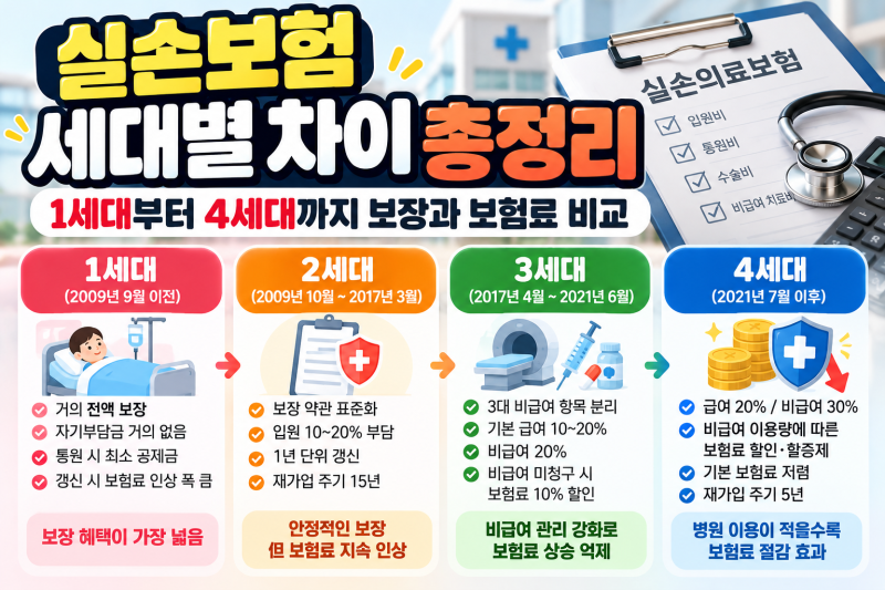 실손보험 세대별 차이 총정리: 1세대부터 4세대까지 보장과 보험료 비교