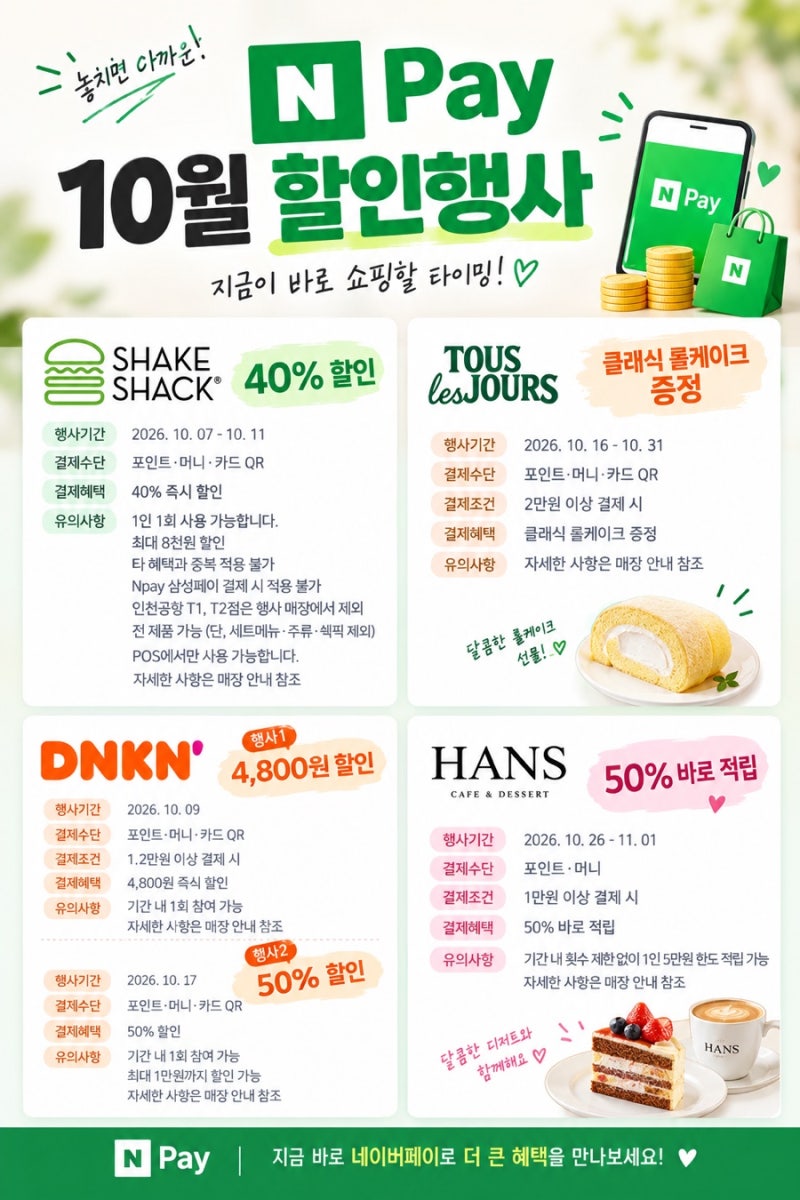 10월 네이버페이 할인행사 총정리! 쉐이크쉑 40% 할인부터 던킨·뚜레쥬르 혜택까지