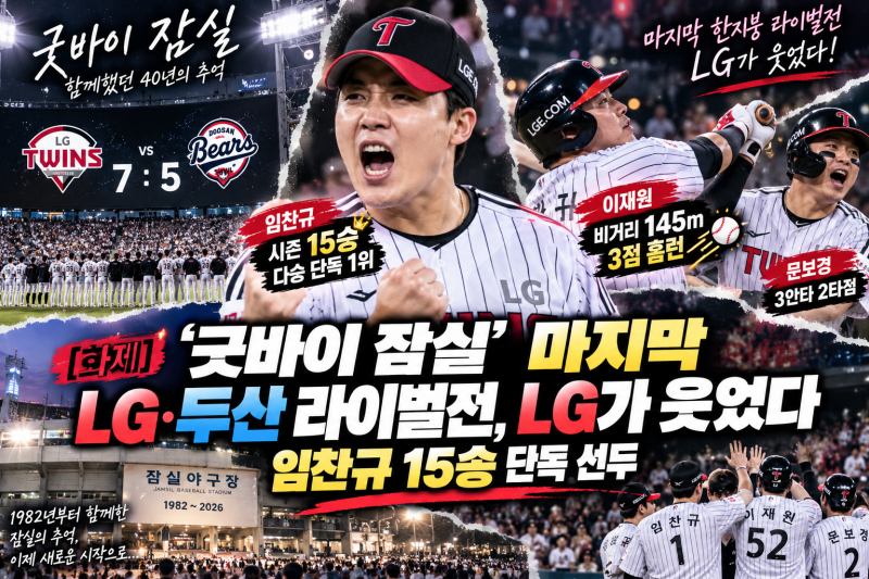 [화제] ‘굿바이 잠실’ 마지막 LG·두산 라이벌전, LG가 웃었다…임찬규 15승 단독 선두
