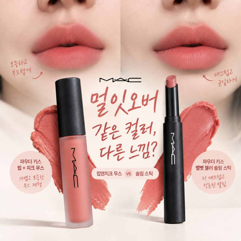 맥 MAC 멀잇오버 같언컬러, 다른 느낌? 립앤치크 무스(리퀴드) vs 슬림스틱 비교