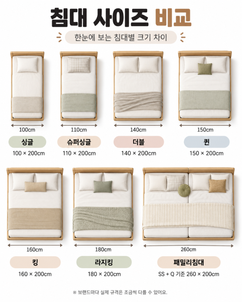침대사이즈종류, 킹·퀸·더블 뭐가 다를까? 슈퍼싱글부터 라지킹까지 비교