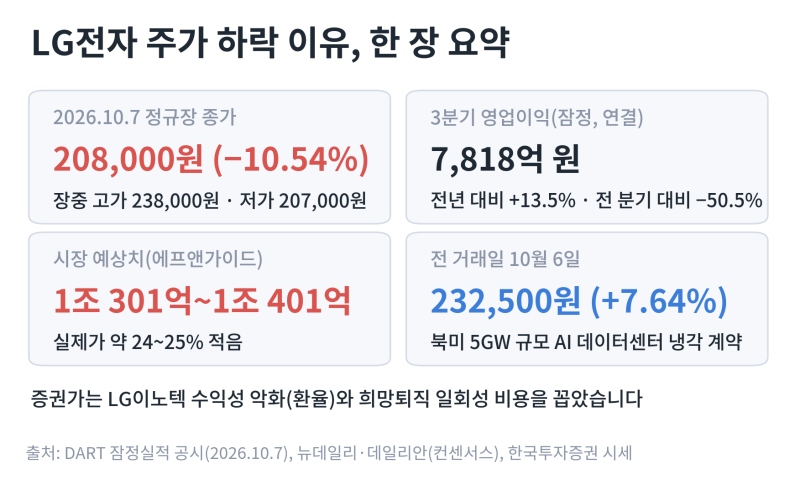 LG전자 주가 하락 이유 — 3분기 영업이익 7,818억 원, 예상치보다 24~25% 적어 −10.54%
