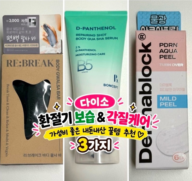 [내돈내산] 다이소 환절기 바디 보습&각질케어 가성비 뷰티 꿀템 3가지 추천(디판테놀, 괄사....