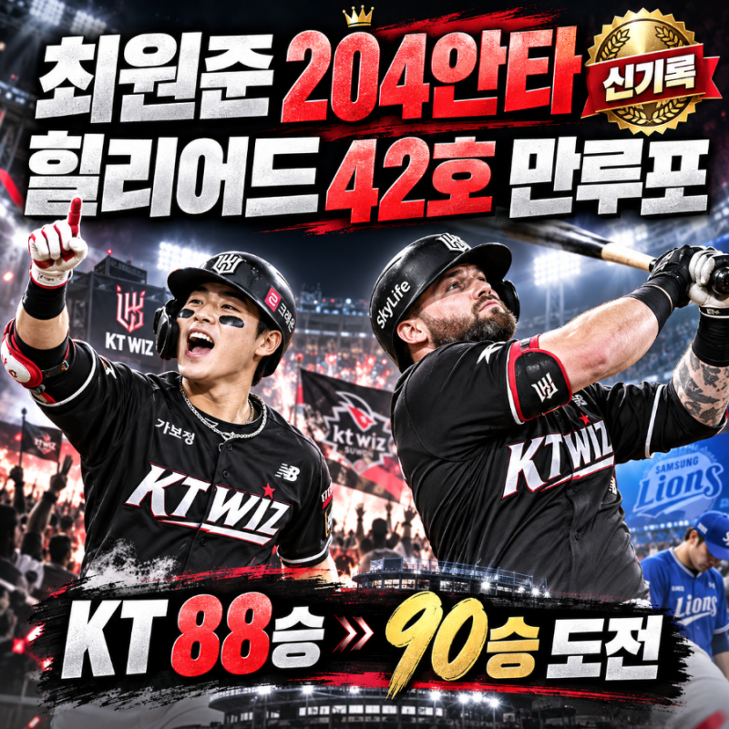 최원준 204안타 신기록, 힐리어드 42호 만루포…KT는 이제 90승에 도전합니다