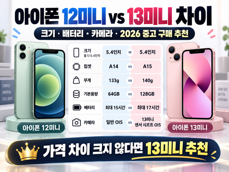 아이폰 12미니 vs 13미니 차이｜크기·배터리·카메라·2026 중고 구매 추천