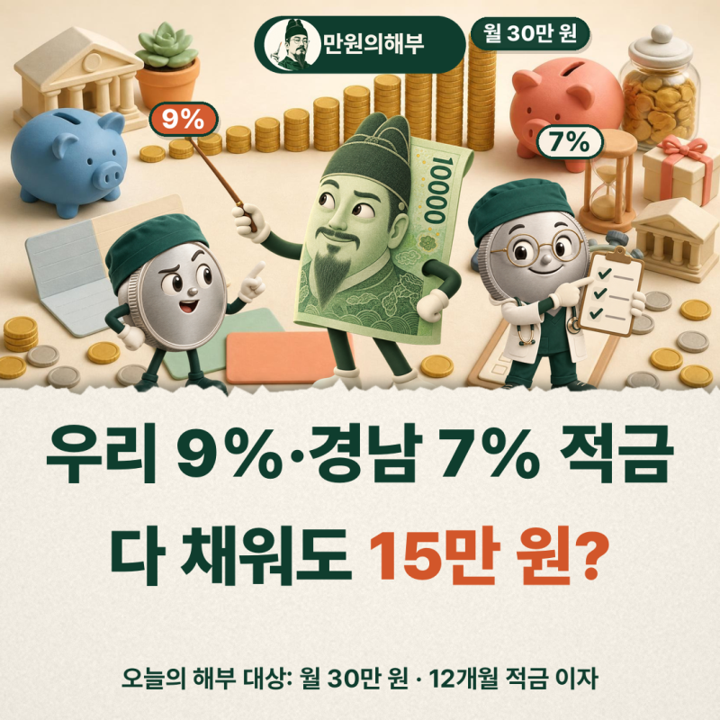 우리 9% vs 경남 7% 적금, 월 30만 원 넣으면 1년 이자는?